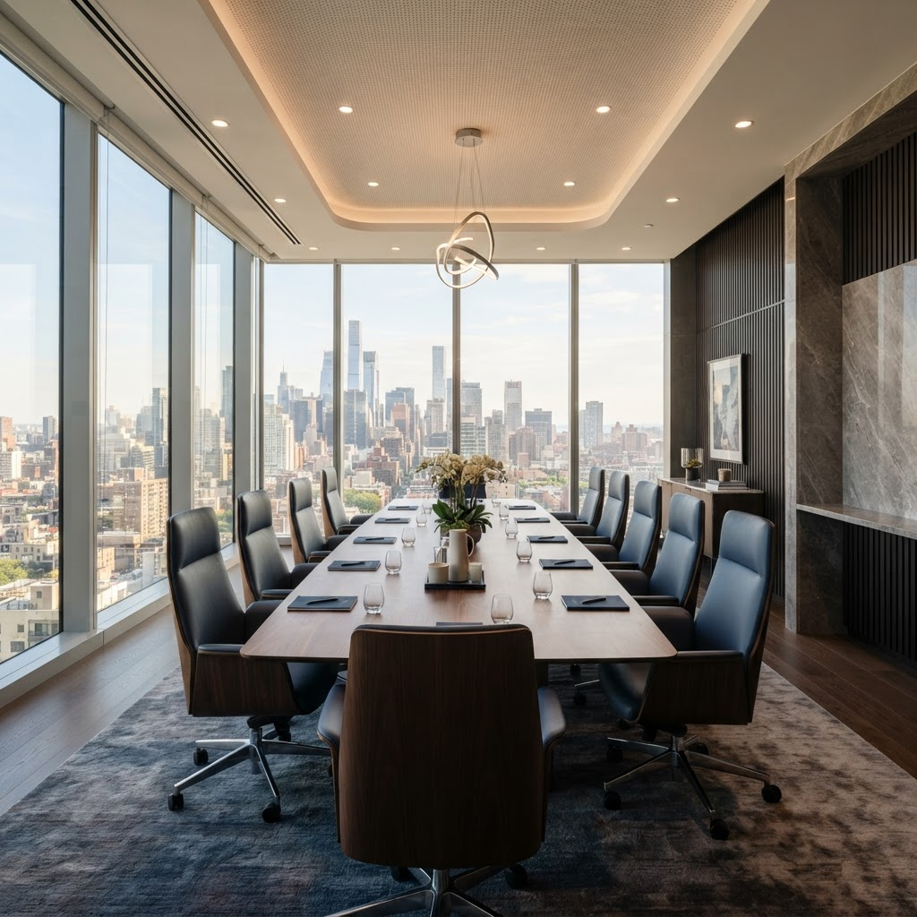 Modern executive boardroom overlooking the city