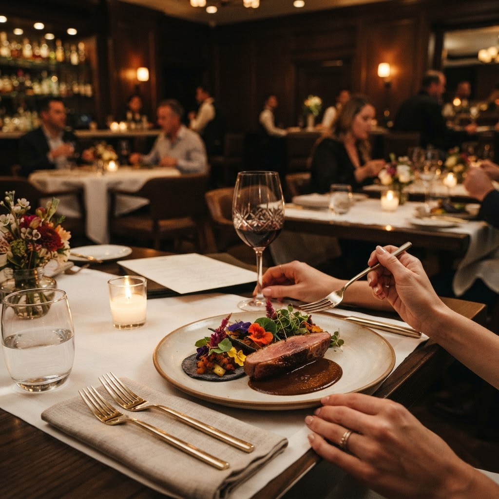 Sophisticated restaurant interior with warm lighting and premium culinary presentation