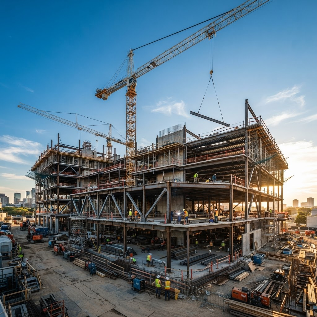 Modern commercial construction project with steel and concrete structure