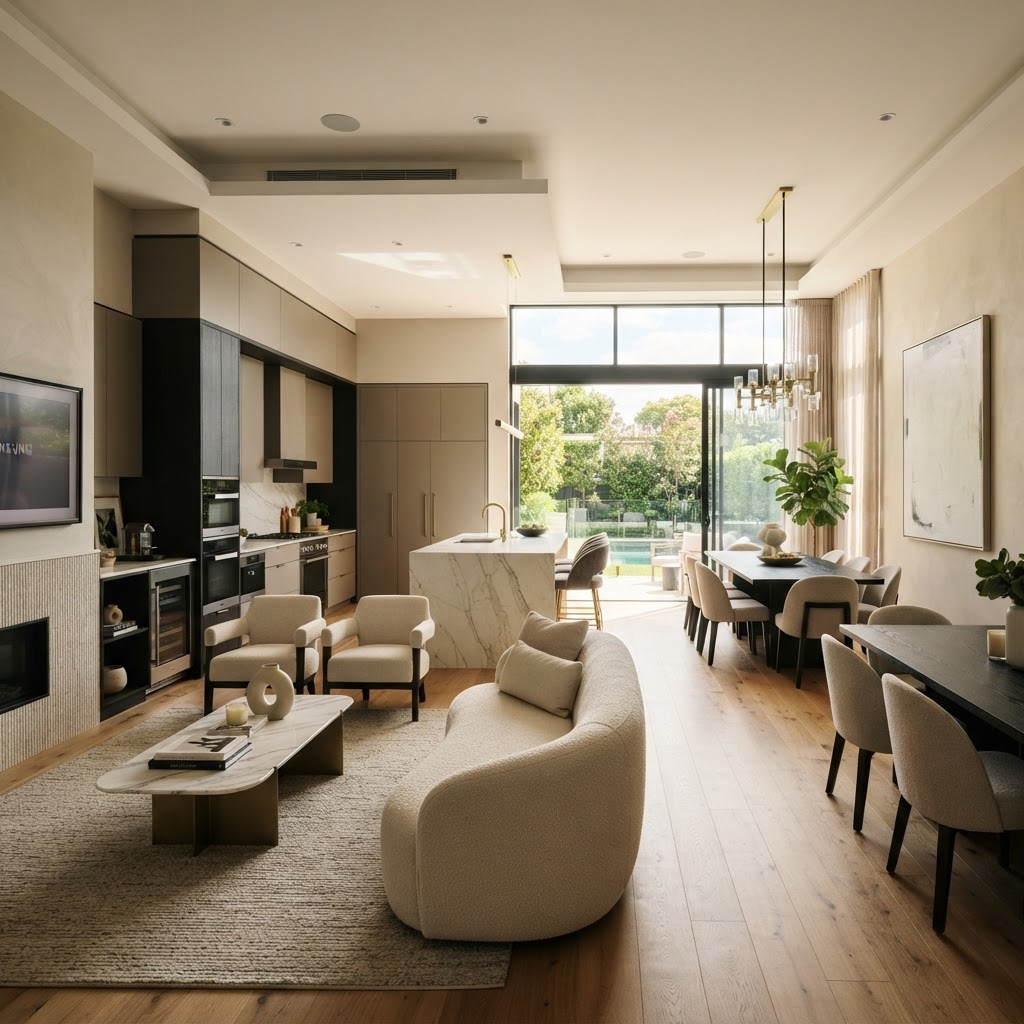 Premium home interior with a contemporary kitchen and living room design