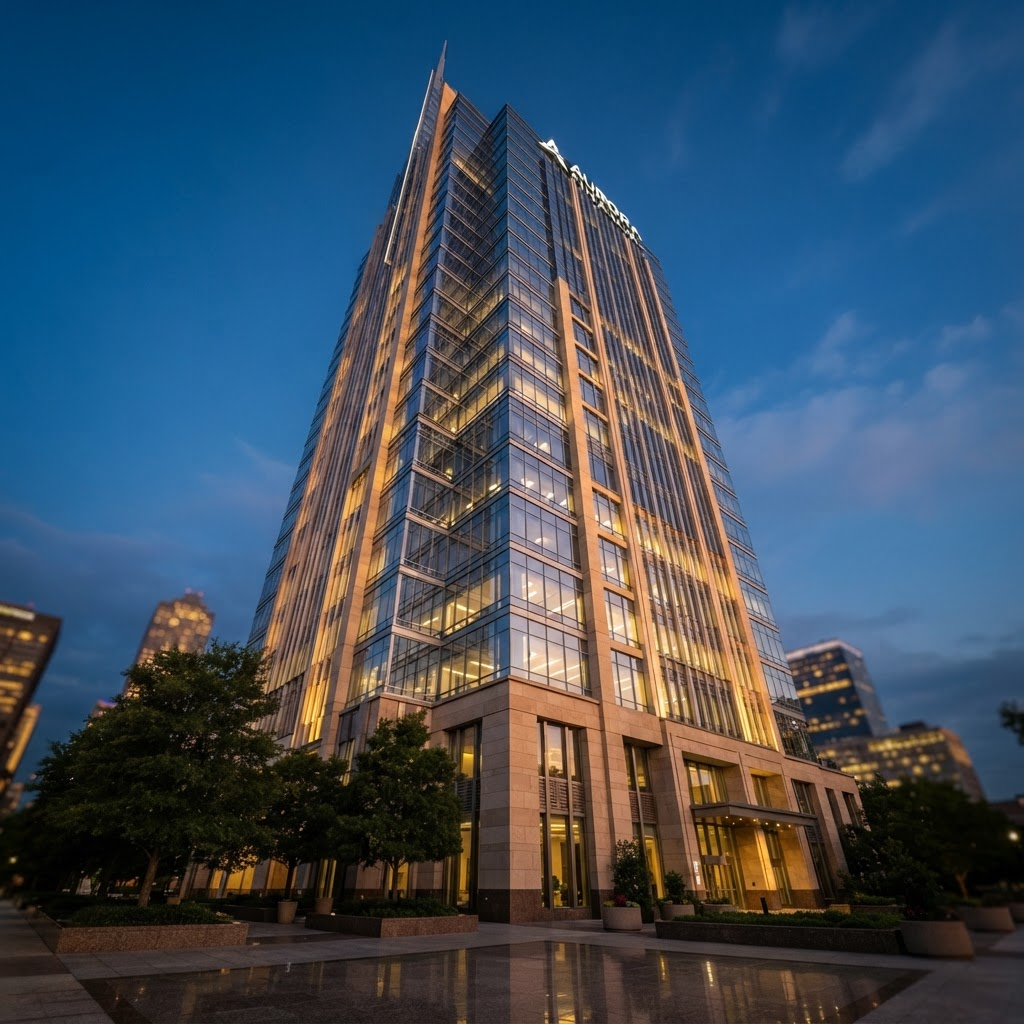 Modern glass and stone corporate tower at dusk
